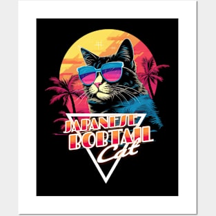 Retro Wave Japanese Bobtail Cat Miami Shirt Posters and Art